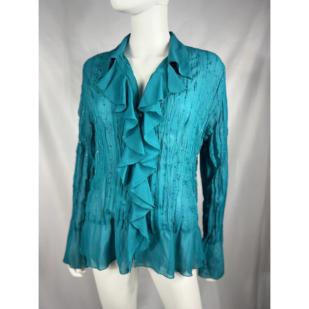 Y2K Teal Ruffle Sequin Blouse